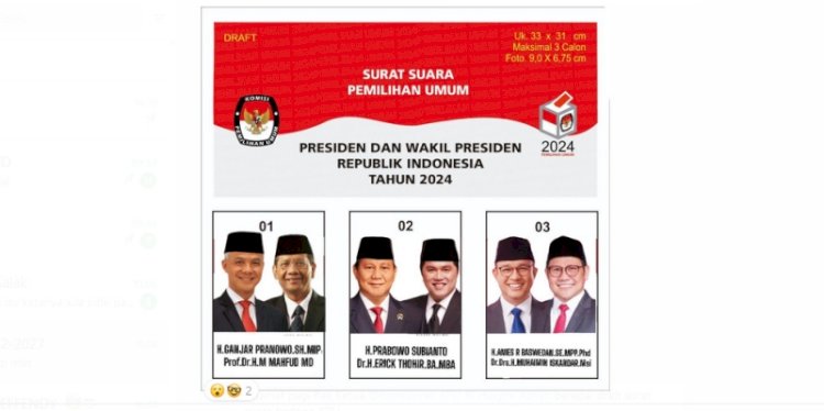 Beredar Desain Surat Suara 3 Paslon: Ganjar-Mahfud, Prabowo Erick dan Anies-Muhaimin